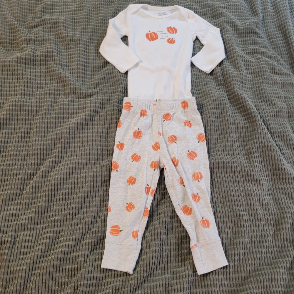 Carter's Baby Bodysuit Pants Set 12M White Gray Pumpkin Print Fall Halloween